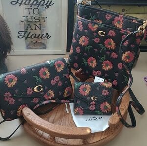 COACH Set of 3! Black Floral KITT + WYN Crossbody & Small Wallet